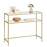 VASAGLE Konsolentisch, Beistelltisch, Oberfläche aus Hartglas, moderner Sofatisch, einfacher Aufbau, verstellbare Füße, Wohnzimmer, Flur, goldfarben-transparent LGT025A01