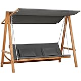 Outsunny Hollywoodschaukel mit Bettfunktion 3-Sitzer Holzschaukel mit verstellbarem Sonnendach Lärche Gartenschaukel belast 250kg Gartenliege Schaukelbank für Terrasse, 225,5 x 113 x 180 cm Grau+Teak