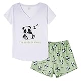 MyFav Sommer-Pyjama für Damen, 2-teilig, süße Katze, Nachtwäsche, Schlaf-Set, Weißer Panda, M