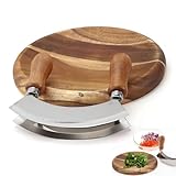 LACHT Wiegemesser mit Brett,zertifiziert,Doppelseitiges Kräutermesser,Biegemesser aus scharfem Edelstahl mit Schneidebrett Akazienholz Kräuter und Gewürze, Pizzaschneider, Kräuterschere