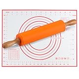 Nudelholz Silikon Teigroller mit Holzgriff, Antihaft Teigrolle, 30.5cm Nudelhölzer zum Backen für Pizza Nudelteig Kuchen Fondant Cookie Gebäck, Backrolle mit Backmatte(30x40cm) (Orange)