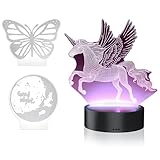 Mybeo - Nachtlicht dimmbar 3D Hologram – Einhorn Schmetterling Mond - Lampe mit 3 Motiven - RGB Farbauswahl – für Kinder – USB-Stromversorgung oder Batterien – mit Fernbedienung – RGB Farbauswahl