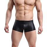 Sexy Unterwäsche für Mann, PU Leder Boxershorts Herren, Sissy Dessous Männer, Stretch Unterhosen Slip Große, Größen Reizwäsche Wetlook Catsuit Pouch Underwear, Schwarz, L