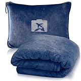 Weiche & Warme Reisedecke für Flugzeug & Auto, 2 in 1 Reisedecke & Kissen mit Rucksackclip, Flugzeugdecke Kuscheldecke Kopfkissenbezug Kompakte Kissen Decke für Flugzeug, Auto, Büro (Dunkelblau)