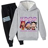 Moollyfox Huntrix Kinder Trainingsanzug 2-teilig: Fleecegefütterter Kapuzenpullover + Jogginghose, Warm Casual Hoodie Outfit mit Cartoon-Druck für Mädchen & Jungen Grau 3# 170