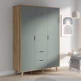 Forte VANKKA Kleiderschrank 140, Schrank mit 3 Türen und 2 Schubladen, Holzwerkstoff, Planked Eiche Dekor/Salbei, 139,4 cm breit, 201,5 cm hoch, 52,7 cm tief