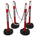 UvV Quad (4 Stück) Kettenpfosten + 10 m Absperrkette 6mm (rot-weiß) Kettenständer Absperrpfosten, Ø63 x 1000mm, Fußplatte ca. 4,5 kg, 3 Reflexfolien