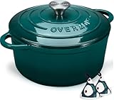 Overmont Bräter emaille Gusseisen Topf - Schmortopf 26cm backofengeeignet - mit Deckel und Kochbuch - für Küche Backen Schmoren Braten Seeblau