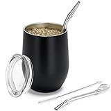 TELANKS Modernes Mate Becher 340 ml, Yerba Mate Becher Doppelwandiger 18/8 Edelstahl, Mate Tee Tasse mit BPA-freiem Deckel, Stroh(Bombillas) und eine Reinigungsbürste (Schwarz)