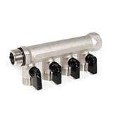 VANCOCO Sanitär 4-Wege-Verteiler aus Vernickeltem Messing - Einlass 3/4 Zoll, 4 Auslässe 1/2 Zoll - Wasserverteiler mit 4 Absperrventilen für Heizung, Wasserversorgung und Garten Eurokonus