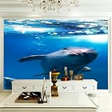 Tapete 3D Wandbild Blau & Delfine Fototapete 3D Effekt Vliestapete Wohnzimmer Wanddeko Wohnzimmer Deko Schlafzimmer Wandbilder 400cm×280cm(Breite x Höhe)