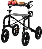 FabaCare Outdoor-Rollator mit Tablett Feststellbremse, Aluminium-Rollator, Leichtgewichtrollator, Puma Air Luftbereifung, faltbar, abnehmbar Tasche Rückengurt Stockhalter Getränkehalter, matt-schwarz