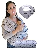 HECKBO Babytragetuch grau mit Herzen – inkl. Baby-Lätzchen & Tasche - extra groß: 520 x 60 cm - hochwertiges & elastisches Baby Tragetuch Wickeltuch für Neugeborene & Babys bis 15 kg