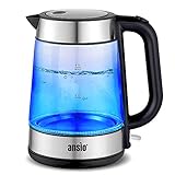ANSIO Wasserkocher Edelstahl,1,7 Liter, 2200 watts Wasserkocher mit Herausnehmbarer Kalkfilter, Abschaltautomatik, Schnellkochfunktion Wasserstandsanzeige beleuchtet BPA Frei (Klar Glas)