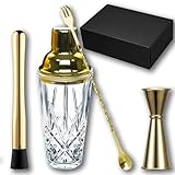 Gbuxska Cocktail Shaker Set - Glas Mixgetränke Shaker Cocktail Set, Martini Shaker mit Sieb für Bars, Whiskey, Cocktails (Gold Set)