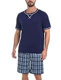 Litherday Schlafanzug Herren Kurz Pyjama Baumwolle Nightwear Set Shorty Sommer Kurzarm Nachtwäsche Rundhals mit Kariert Pyjamahose,Dunkelblau,M