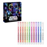 12 Farben UV Schwarzlicht Stifte, Neon Schminke Glow in the Dark Face & Body Paint, Fluoreszierende Tattoo Marker, Hautfreundlich Wasserfest Bodypainting Set für Festival, Party