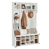 VASAGLE Kleiderständer, Garderobe, Eingangsmöbel mit Schuhregal, verstellbare Ablagen, 20 offene Fächer, 6 Dreifach-Haken, Landhausstil, freistehend, für Eingangsbereich, Flur, wolkenweiß HSR440W03