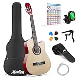 Moukey Akustikgitarre für Anfänger, Kinder, Jugendliche, Erwachsene, Cutaway-Gitarre, Acustica-Kit mit Akkord-Poster, Gigbag, Stimmgerät, Plektren, Nylonsaiten, Kapodaster, Gurt, Naturfarben, 96,5 cm