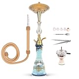 Luna Hookah Premium Tradi Shisha Absolutes Komplett Set edles Design | Traditionelle Wasserpfeife 68 cm inkl. Steinkopf Kaminaufsatz Tradischlauch Zange und Tabakgabel | (Gold-Silber/Bowl Türkis)