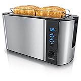 Arendo - Toaster 4 Scheiben Langschlitz Edelstahl - Defrost Funktion - wärmeisolierendes Gehäuse - mit integrierten Brötchenaufsatz - 1500W - Krümelschublade - Display mit Restzeitanzeige - silber