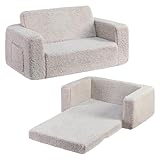 BEJOY Kindersofa, extra breite 2-in-1-Kleinkind-Sherpa-Couch zum Ausklappen, umwandelbar in EIN Kinderbett oder eine Liege für Mädchen und Jungen, hellgrau