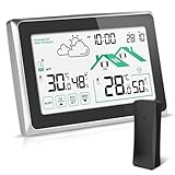 Wetterstation Funk mit Außensensor, Wettervorhersage/Thermometer/Funkwetterstation/Digitaluhr/LCD Touchscreen/DCF Funkuhr für Temperatur und Feuchtigkeitsüberwachung Innen/Außen