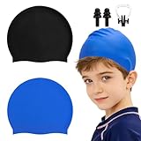Kinder-Badekappe, Silikon-Badekappe für Jungen und Mädchen, rutschfest, wasserdicht, dehnbar, für Kinder von 6–14 Jahren (schwarz + blau, 6–10 Jahre)