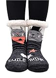 PUTUO Damen Stoppersocken dicke Haussocken mit Anti Rutsch Sohle, Damen ABS Socken Hüttensocken warme Wintersocken flauschig Thermo-Socken mit Innenfrottee, EU 36-41, Katze