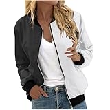 NACQZLI Übergangsjacke Damen Farbblock Patchwork Bomberjacke Reißverschluss Sweatjacke Stehkragen Fliegerjacke Langarm Herbstjacke Kurz Pilotenjacke Modisches Collegejacke Casual Oberbekleidung