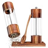 Wolfgangs Salz und Pfeffermühle Klein aus Holz - Edles Gewürzmühlen Set mit Keramikmahlwerk für jede Mahlgröße - Pfeffer und Salzmühle Holz - Pfeffer Mühle mit Extra Untersetzer + Löffel