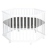 roba Laufgitter 6-eckig aus Holz weiß - Laufstall für Babys mobil mit Rollen & Schutzeinlage Graphite gesteppt aus veganem Leder - Schutzgitter höhenverstellbar