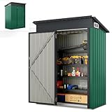 HOMASIS Gerätehaus Metall, Geräteschuppen mit Pultdach & Tür & 2 Lüftungsfenster, 150 x 88 x 185 cm, 1,5 m³, Gartenhaus mit 2 Paar Handschuhe, Gartenschuppen Gartenhütte Outdoor Wetterfest (Grün)