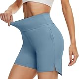Aseniza Radlerhose Damen Kurz für Kleid Sporthose Kurz Hosen High Waist Leggings Sport Gym Shorts Baumwolle mit Taschen für Alltag Yoga Fitness Läuft Blaugrau S