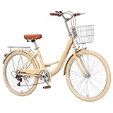 22' 24' 26' Zoll Beach & City Cruiser Hybrid 7-Gang-Stadtfahrrad für junge Mädchen, Stadtpendlerfahrrad mit Vorderkorb und Hintergepäckträger, empfindliche Bremsen, formelles Rennrad für Frauen