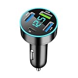 Zigarettenanzünder USB, 4-Port USB Zigarettenanzünder Adapter, 50W Auto Ladegerät Splitter QC3.0 Schnellladegerät PD30W 12V, mit LED Voltmeter, für Phone, Pad, Galaxy, Xiaomi