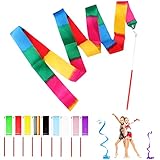 JSMTKJ 10 Stück Gymnastikband mit Stab, 2 Meter Regenbogen Gymnastikband Tanzband, Rhythmische Sportgymnastik Band für Kunst Tanz Ballett Twirling, 10 Farben