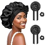 FOLAI 2 Stück Schlafmütze Satin Bonnet Nacht Schlaf Mütze Verstellbare Schlafkappe Kopfbedeckung Weiche Kopfhaube Schlafhaube Seide mit Gummizug für Damen und Mädchen(Schwarz + Schwarz)…