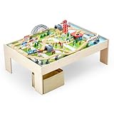 VEVOR Holz Aktivitätstisch, 120-teilig, mit zusammenklappbarem Aufbewahrungsbehälter, 3-in-1-Eisenbahn-Set zum Spielen, Malen, Lesen, Essen, kreatives Spielzeug-Set für Kinder ab 3 Jahren