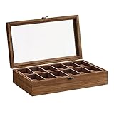 SONGMICS Uhrenbox mit 12 Fächern, Uhrenkasten aus Massivholz, mit Glasdeckel, Uhrenkissen, Geschenk für Ihre Liebsten, walnussfarben JOW120K01