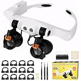 Lupenbrille mit Licht – Vergrößerungsbrille mit 3-10x Vergrößerung (21 Kombinationsmöglichkeiten), Stirnlupe mit Beleuchtung (wechselbare warm/kalt LED Lampen), Leichtgewicht 95g Lupenbrille für Brill