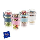 IDOBY Müslibecher to Go 4er-Set, Praktischer Joghurtbecher to go, Unterteilung für Joghurt & Müsli, Cornflakes to Go,%100 BPA-FREI, Perfekt für Schule und Büro, Obstbehälter, mit Löffel 600 ML