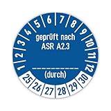 Aufkleber: ⌀ 30 mm, 15 Stück, blau, Mehrjahresprüfplakette, 2025, 2026, 2027, 2028, 2029, 2030, Hochleistungsfolie, Sprache: deutsch, Text: geprüft nach ASR A2.3 (durch)