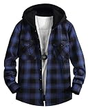 QIXING Herren Kariertes Flanellhemd Winter Hemd Warm Langarm Fleece Hoodie mit Knopfleiste Herren Holzfällerhemd mit Kapuze(Schwarz Blau, L)
