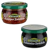 Feinkost Dittmann Zwiebel-Duo – Balsamico Zwiebeln & Knusper Zwiebeln im 2er Set – Süß-säuerlich & knusprig – Ideal zu Käse, Fleisch, Antipasti, Pasta – 220g + 185g Gla