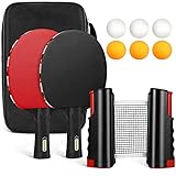 Tencoz Tischtennis Set, 2 Tischtennisschläger + 6 Tischtennisbälle + Tischtennisnetz + Tasche, Tischtennisschläger Set Profi Sport Set für Indoor & Outdoor Spiele