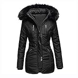 Cantissa Langer Damen-Parka mit Pelzbesatz, mit Kapuze, gepolstert, Winterjacke, Mantel, Winter, warme Baumwolle, Steppjacke, Parka mit Kunstfell-Kapuze, Y2-schwarz, XXL