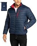 33,000ft Herren Steppjacke Packbare Übergangsjacke in Daunenjacken-Optik für Männer Gefütterte Pufferjacke Wasserabweisende Outdoorjacke mit Taschen für Herbst Frühlings Winter, Dunkelblau+Rot M