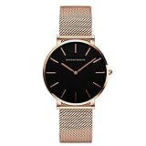 HANNAH MARTIN Damen Uhren Analog Quarz Edelstahl Wasserdicht Mesh Ultradünne (Schwarz Oberfläche ，Rosegold Armband)