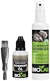 BIOLAB Scherkopf Reinigung & Pflege Set - Scherkopf-Öl (30 ml), Scherkopfreiniger Spray (100ml) + Reinigungsbürste für Rasierer, Haarschneider und Haarschneidemaschine